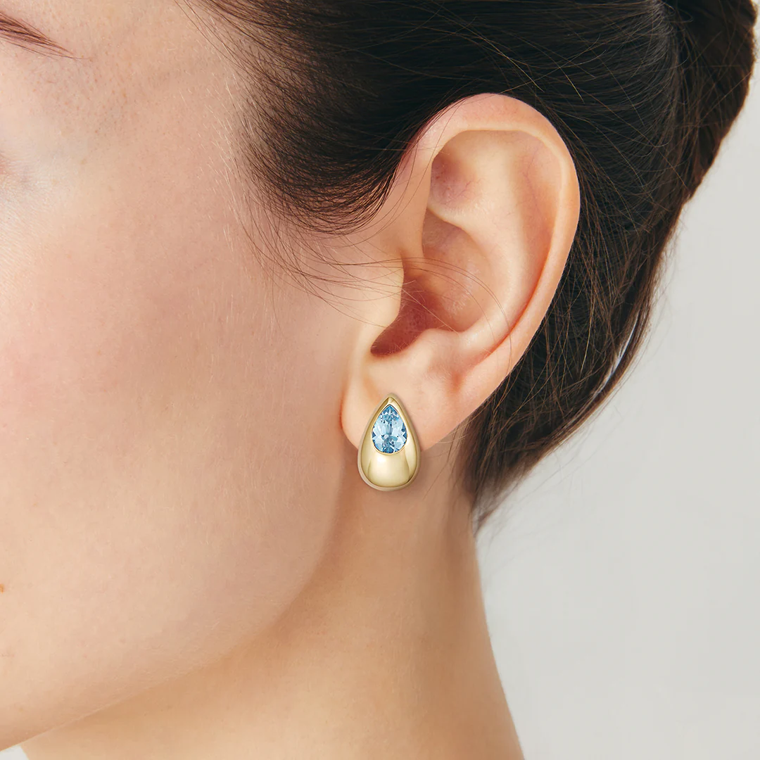 Everyday Gold Blue Topaz Domed Teardrop Earrings - Image 3